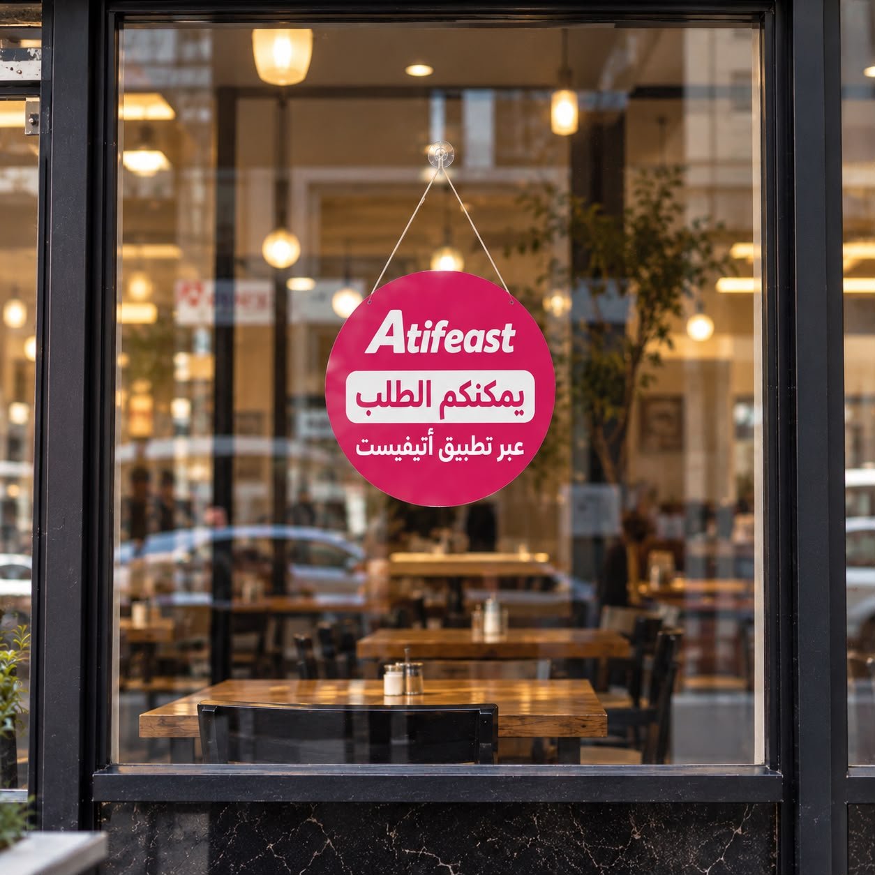 Order via the Atifeast app sign on a restaurant window